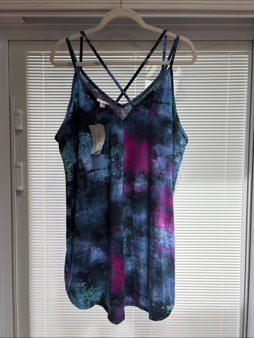 LuLaRoe Blue Teal Purple Abstract Crisscross Tank - Picture 3 of 3